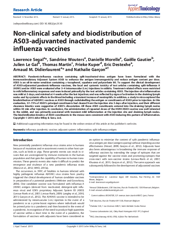 (PDF) Non-clinical safety and biodistribution of AS03-adjuvanted ...
