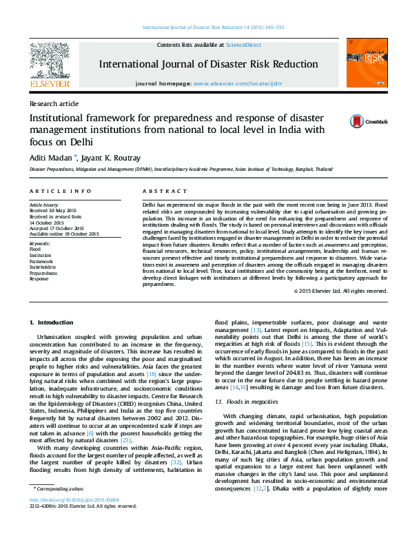 (PDF) Institutional framework for preparedness and response of disaster ...