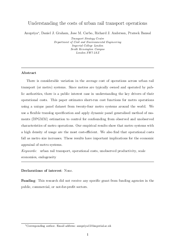 (PDF) Understanding the costs of urban rail transport operations