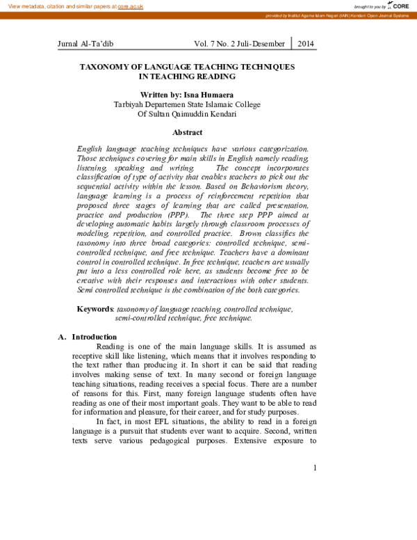 (PDF) Taxonomy of Language Teaching Techniques in Teaching Reading