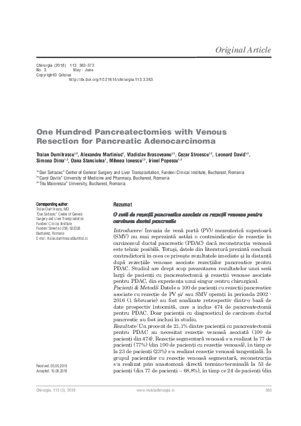 (PDF) One Hundred Pancreatectomies with Venous Resection for Pancreatic ...