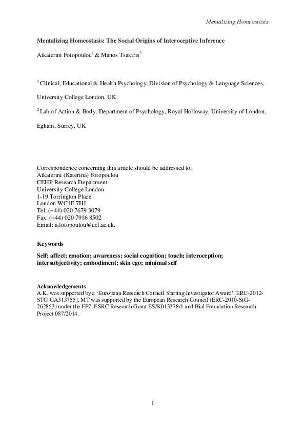 (PDF) Mentalizing homeostasis: The social origins of interoceptive ...