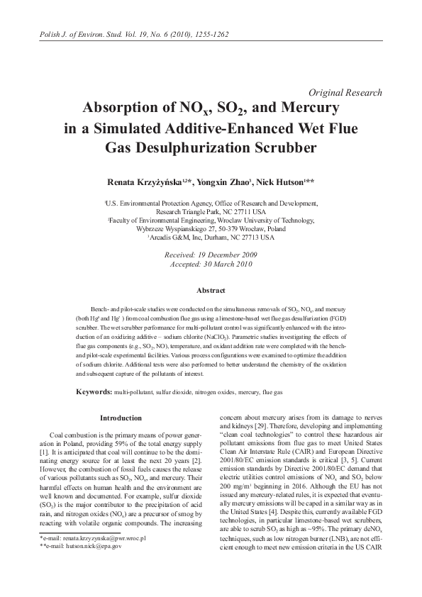 (PDF) Absorption of NOx, SO2, and Mercury in a simulated additive ...