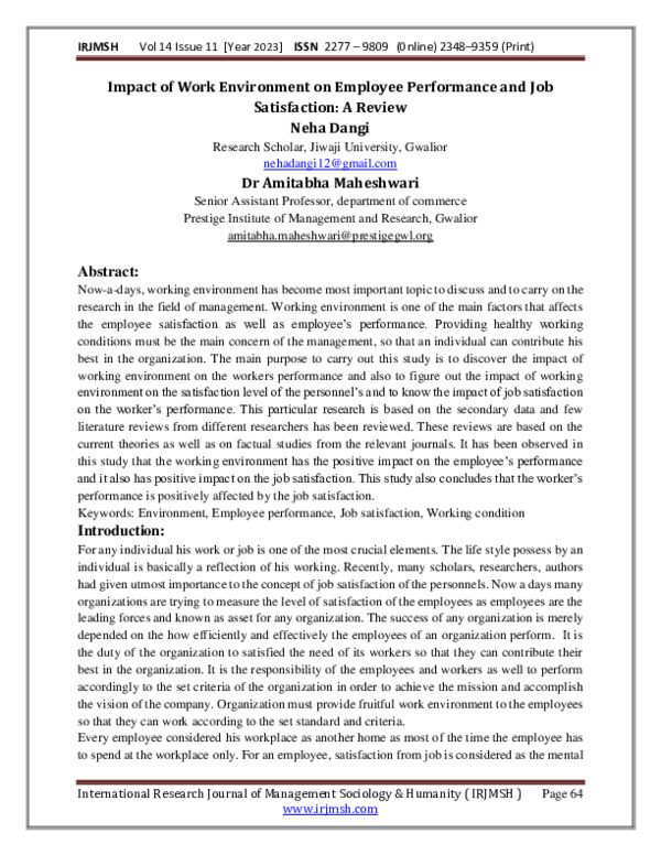 (PDF) Impact of Work Environment on Employee Performance and Job ...