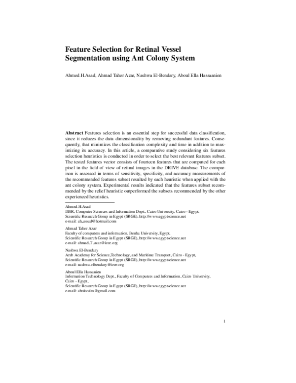 (PDF) Feature Selection for Retinal Vessel Segmentation using Ant ...