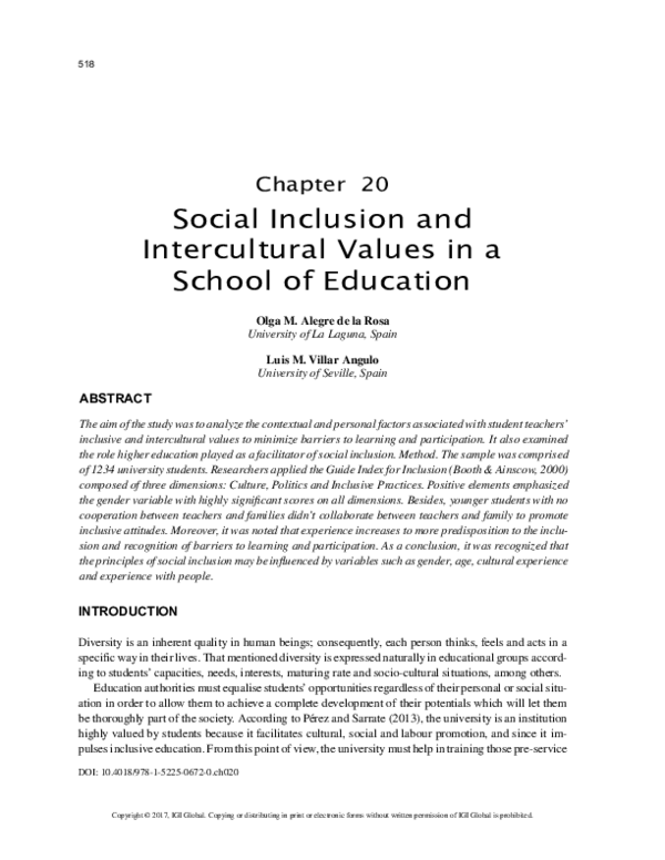 (PDF) Social Inclusion and Intercultural Values in a School of Education