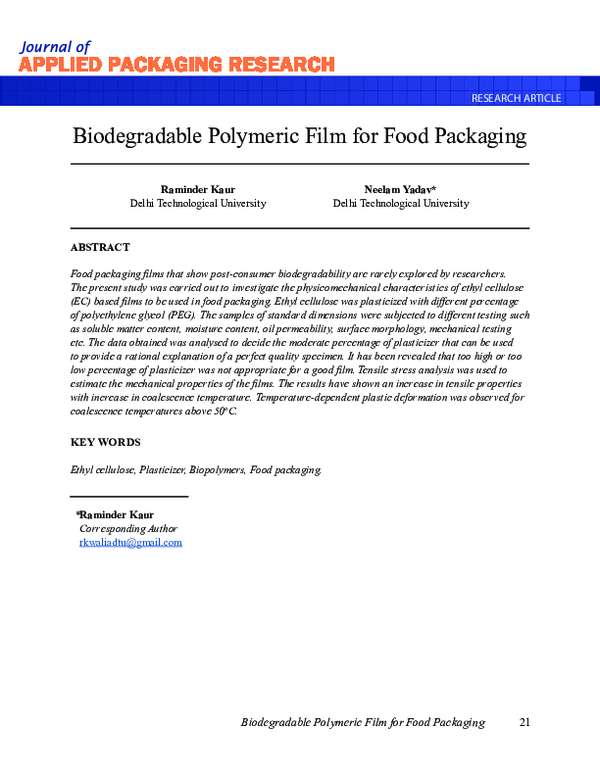 (PDF) Biodegradable Polymeric Film for Food Packaging