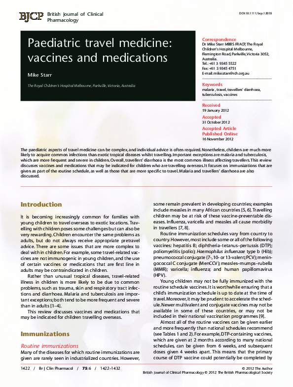 (PDF) Paediatric travel medicine: vaccines and medications