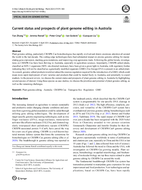(PDF) Current status and prospects of plant genome editing in Australia