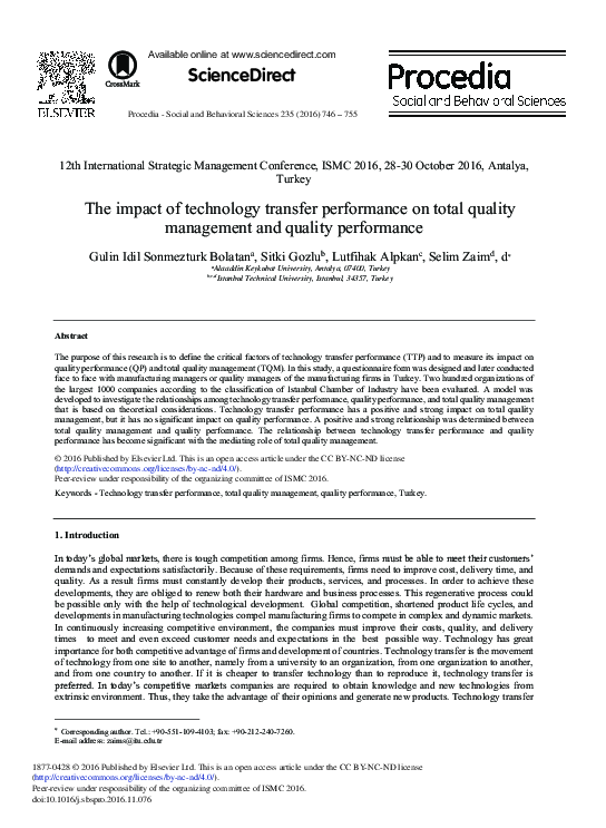 (PDF) The Impact of Technology Transfer Performance on Total Quality ...