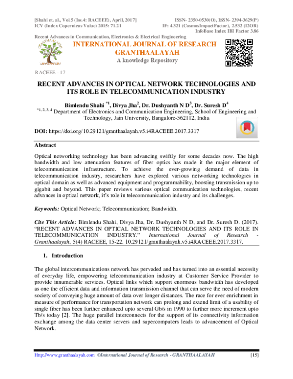 (PDF) Recent Advances in Optical Network Technologies and Its Role in ...