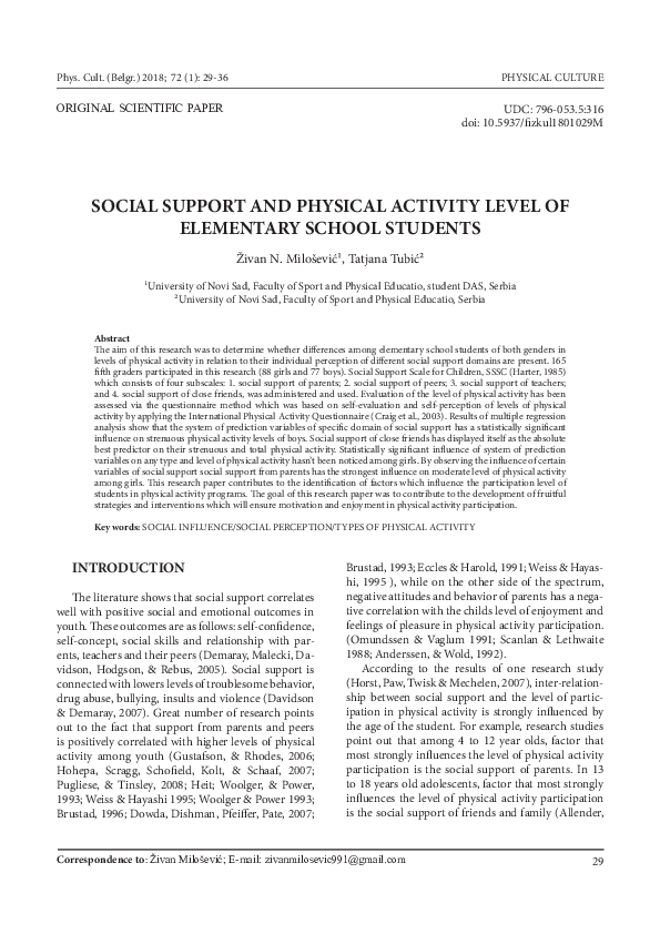 (PDF) Social support and physical activity level of elementary school ...