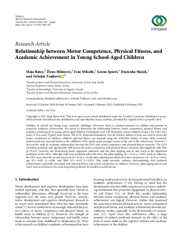 (PDF) Relationship between Motor Competence, Physical Fitness, and ...