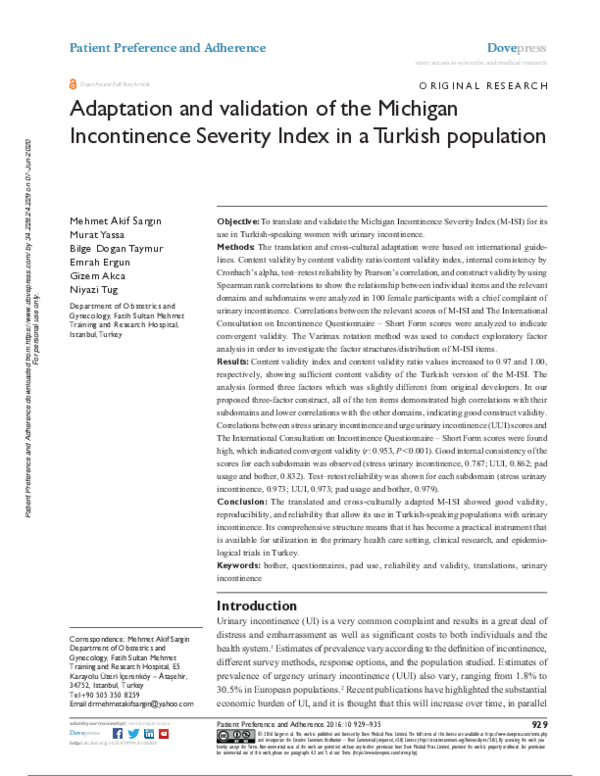 (PDF) Adaptation and validation of the Michigan Incontinence Severity ...