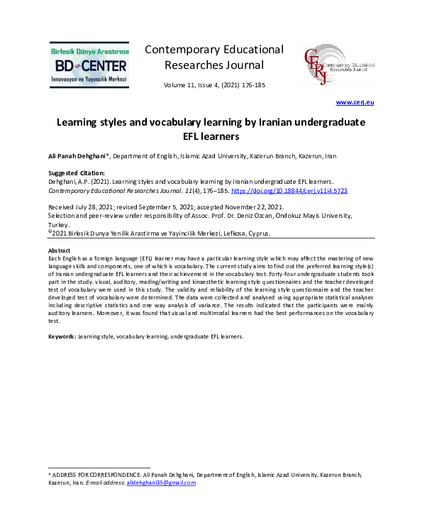 (PDF) Learning styles and vocabulary learning by Iranian undergraduate ...