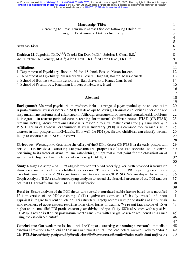 (PDF) Screening for Post-Traumatic Stress Disorder following Childbirth ...