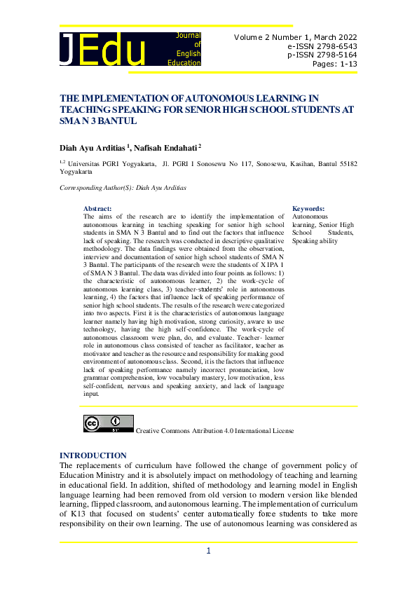 (PDF) The Implementation of Autonomous Learning in Teaching Speaking ...