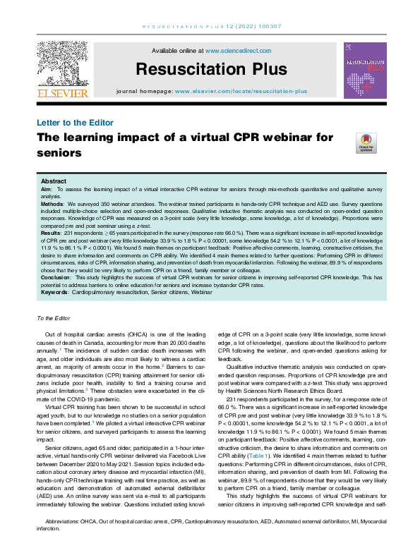 (PDF) The learning impact of a virtual CPR webinar for seniors