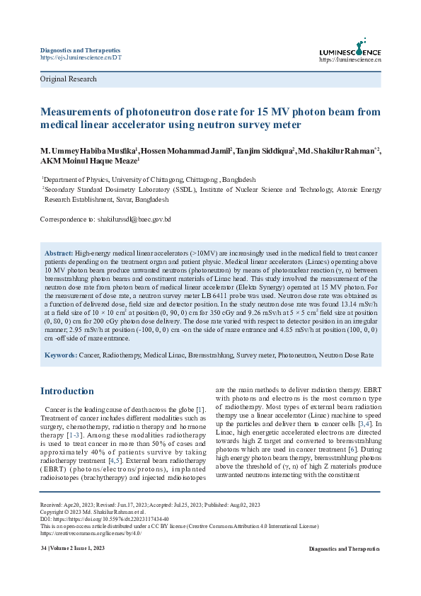 (PDF) Measurements of photoneutron dose rate for 15 MV photon beam from ...