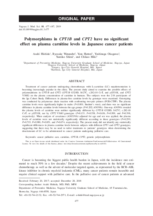 (PDF) Polymorphisms in CPT1B and CPT2 have no significant effect on ...