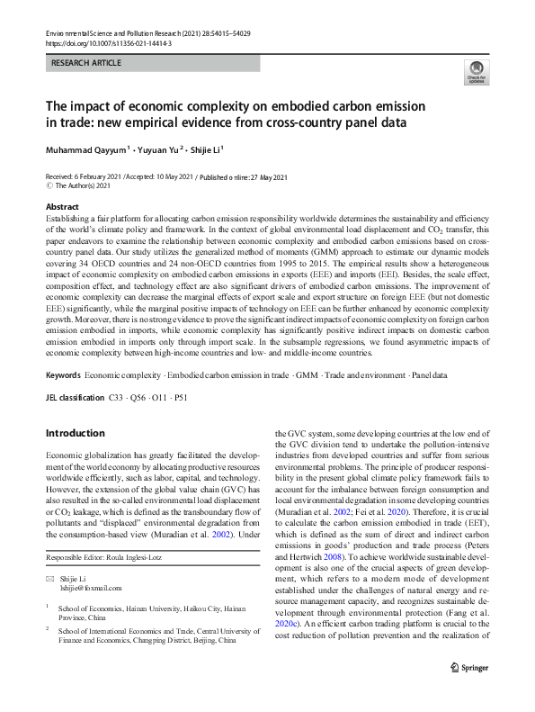 (PDF) The impact of economic complexity on embodied carbon emission in ...