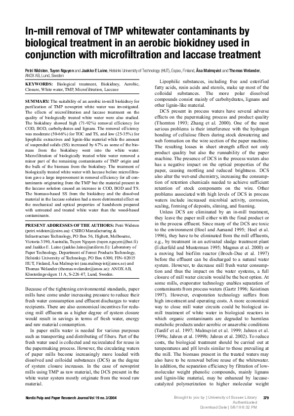 (PDF) In-mill removal of TMP whitewater contaminants by biological ...