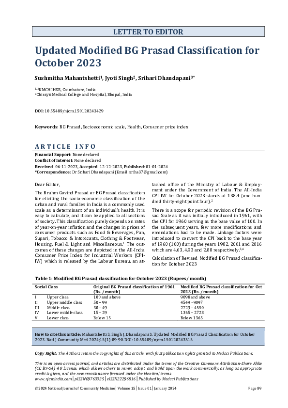 (PDF) Updated Modified BG Prasad Classification for October 2023
