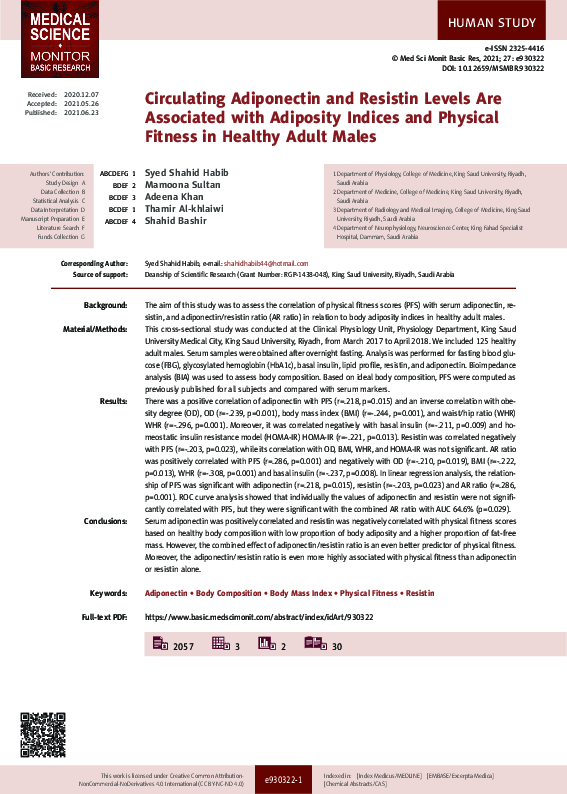 (PDF) Circulating Adiponectin and Resistin Levels Are Associated with ...