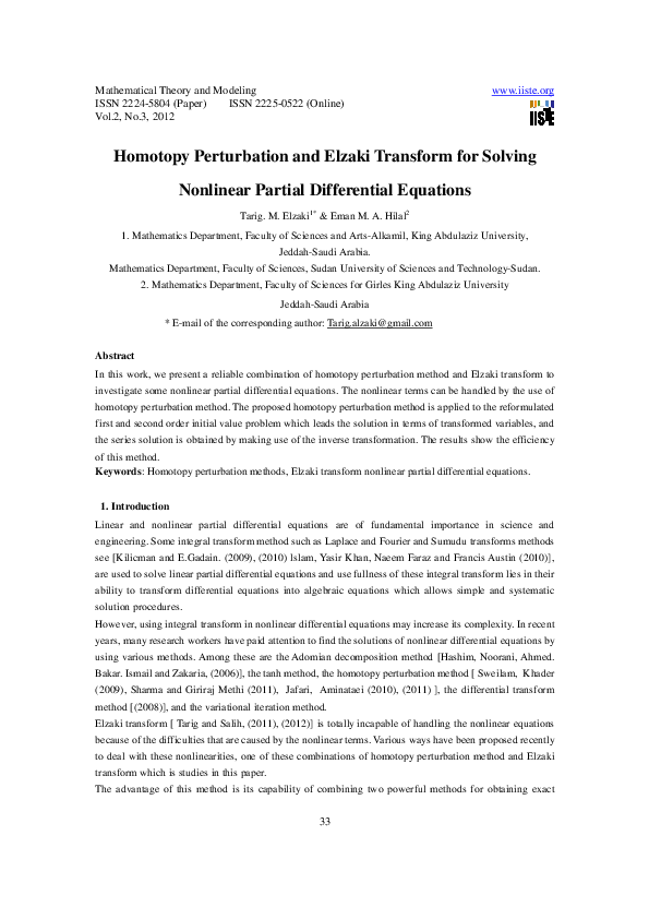 (PDF) Homotopy Perturbation and Elzaki Transform for Solving Nonlinear ...