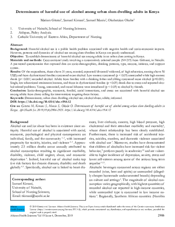 (PDF) Determinants of harmful use of alcohol among urban slum dwelling