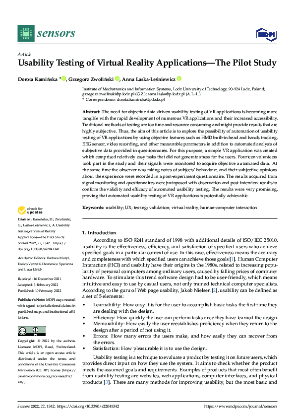 (PDF) Usability Testing of Virtual Reality Applications—The Pilot Study