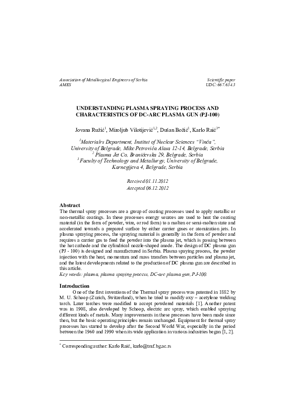 (PDF) Understanding plasma spraying process and characteristics of DC ...