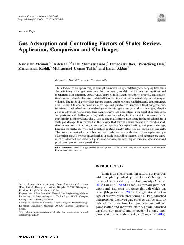 (PDF) Gas Adsorption and Controlling Factors of Shale: Review ...