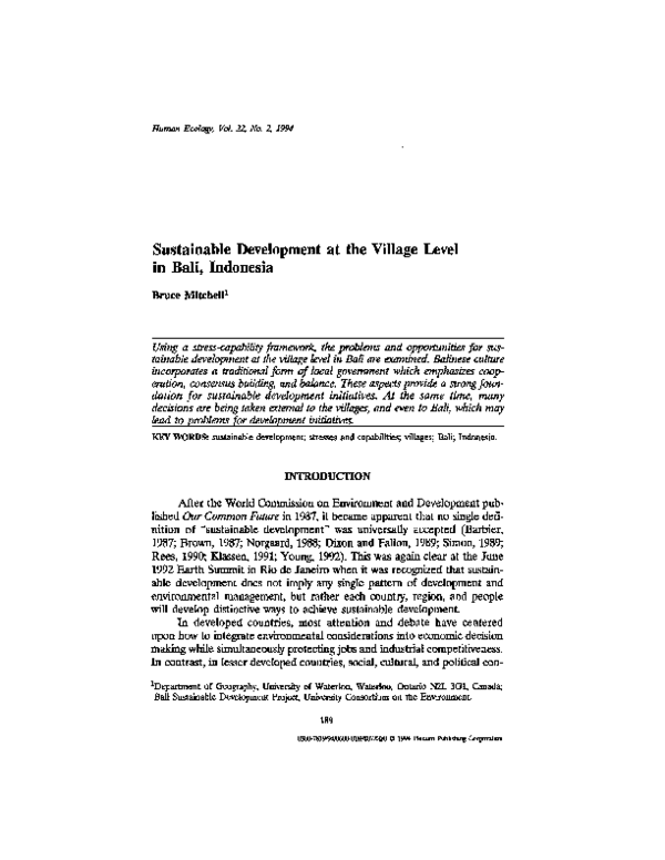 (PDF) Sustainable development at the village level in Bali, Indonesia