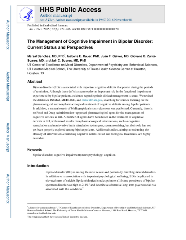 (PDF) The Management of Cognitive Impairment in Bipolar Disorder
