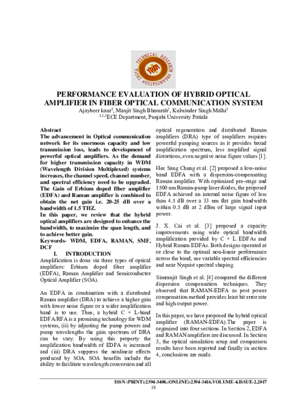 (PDF) Performance Evaluation of Hybrid Optical Amplifier in Fiber ...