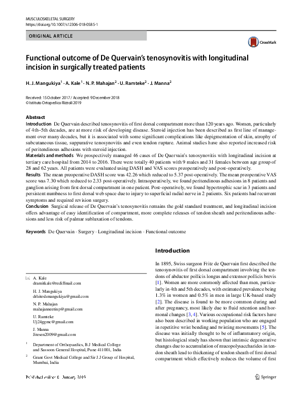 (PDF) Functional outcome of De Quervain’s tenosynovitis with ...
