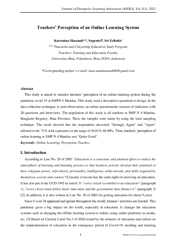 (PDF) Teachers’ Perception of an Online Learning System