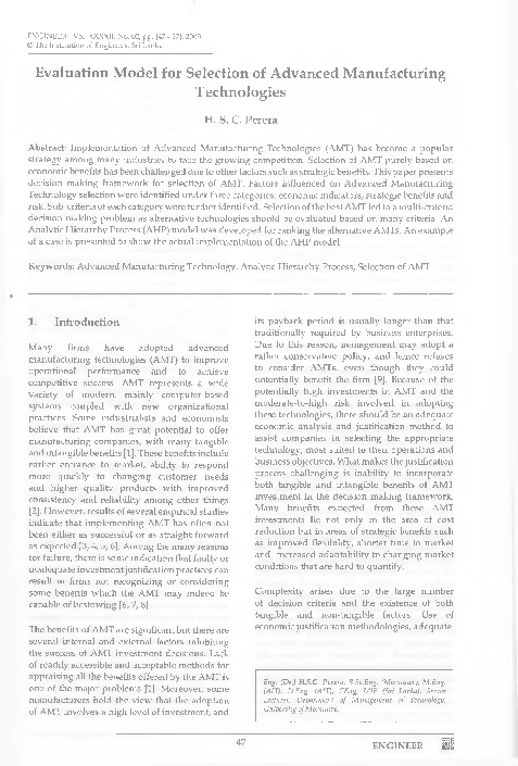 (PDF) Evaluation Model for Selection of Advanced Manufacturing Technologies