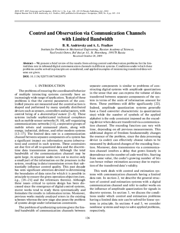 (PDF) Control and observation via communication channels with limited ...
