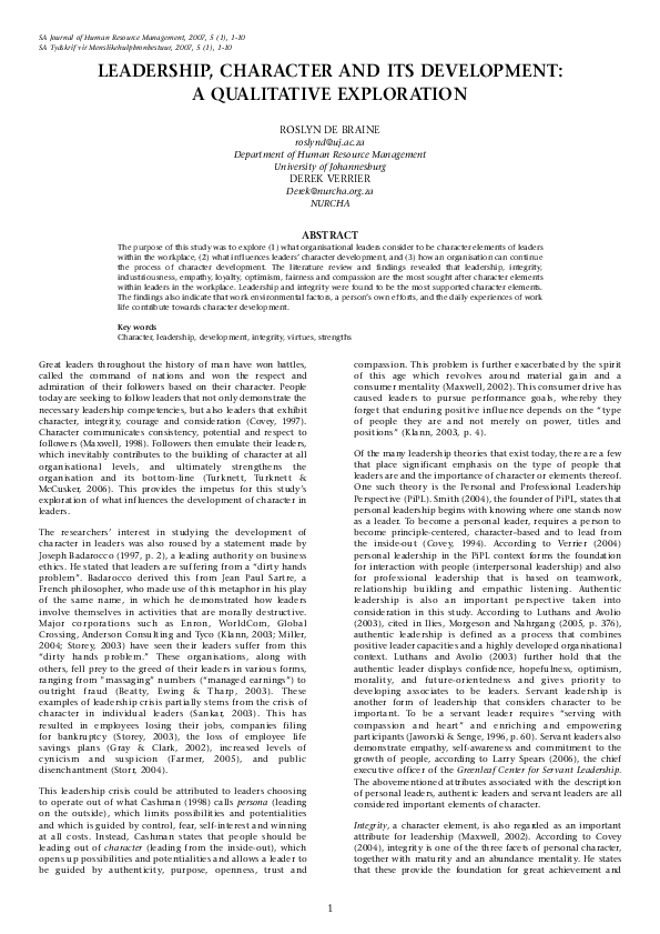 (PDF) Leadership, character and its development: A qualitative exploration