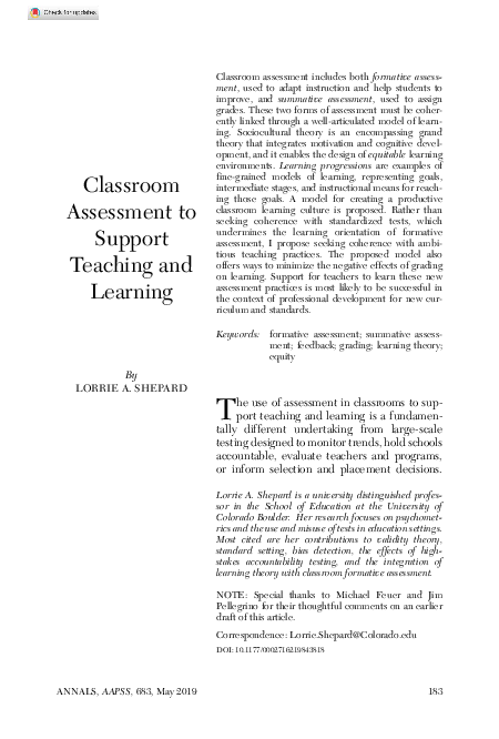 (PDF) Classroom Assessment to Support Teaching and Learning
