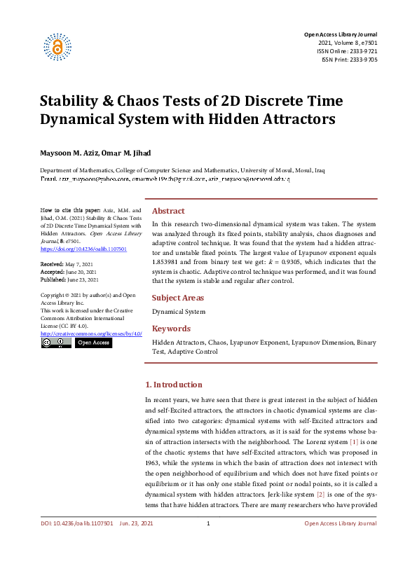 (PDF) Stability and Chaos Tests of 2D Discrete Time Dynamical System ...