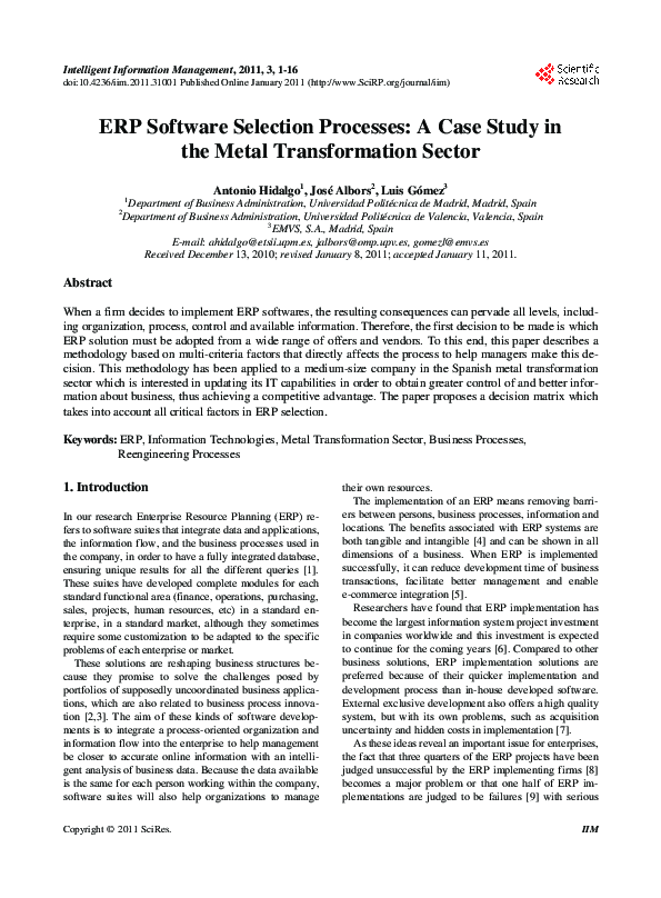 (PDF) ERP Software Selection Processes: A Case Study inthe Metal ...