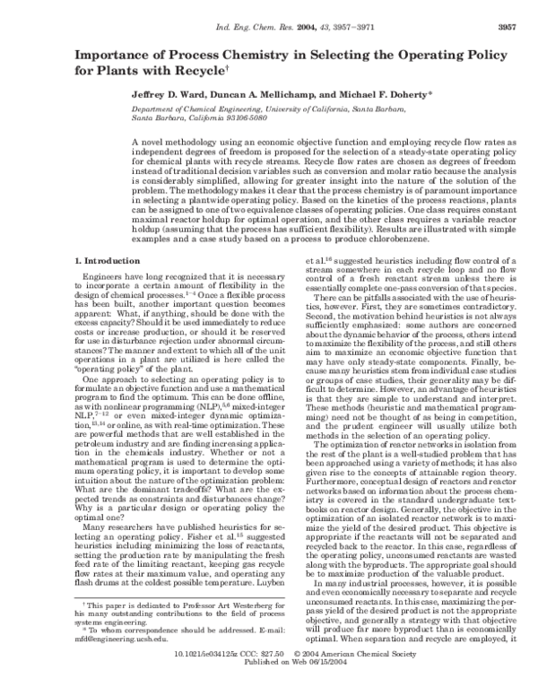 (PDF) Importance of Process Chemistry in Selecting the Operating Policy ...