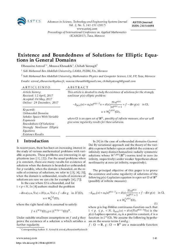 (PDF) Existence and Boundedness of Solutions for Elliptic Equations in ...