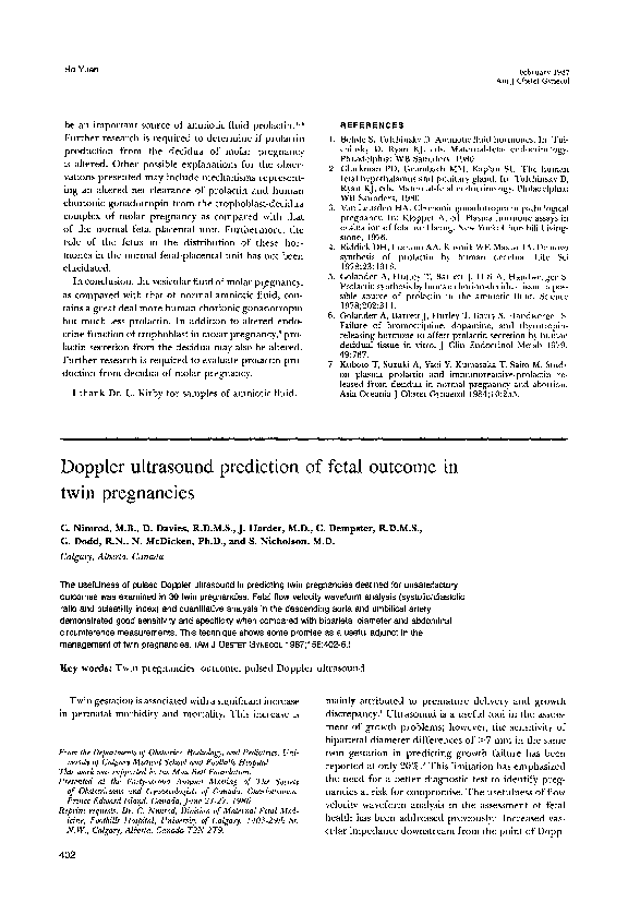 Pdf Doppler Ultrasound Prediction Of Fetal Outcome In Twin Pregnancies