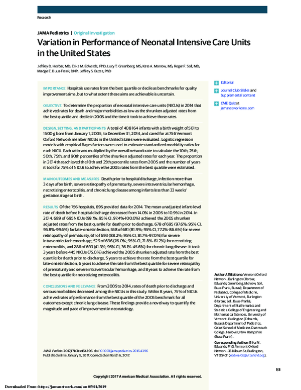 (PDF) Variation in Performance of Neonatal Intensive Care Units in the ...
