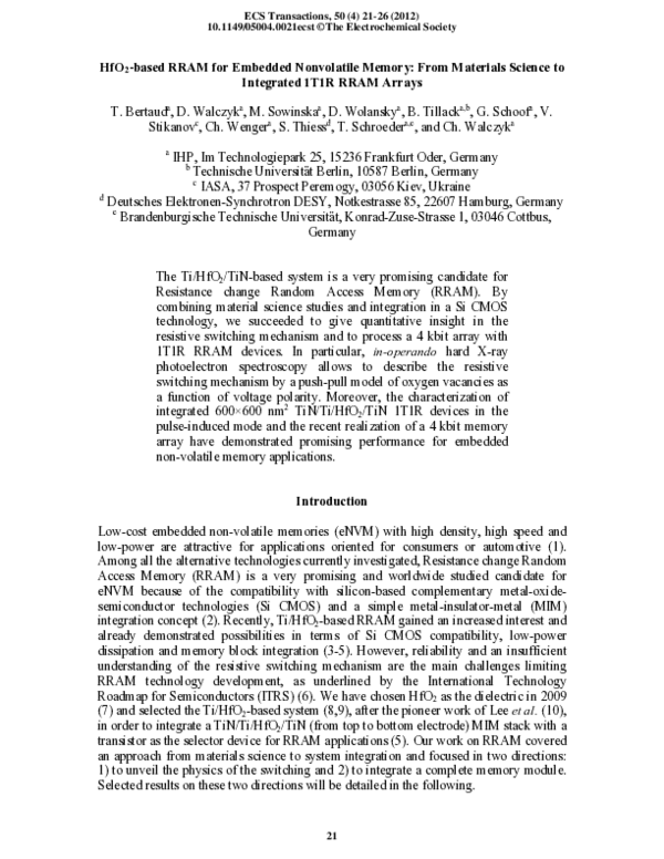 (PDF) (Invited) HfO2-Based RRAM for Embedded Nonvolatile Memory: From ...