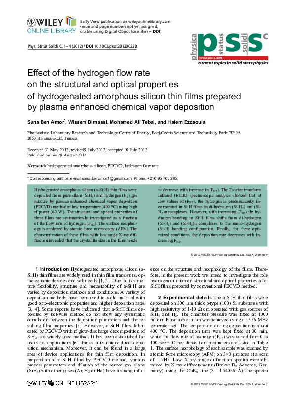 (PDF) Effect of the hydrogen flow rate on the structural and optical ...